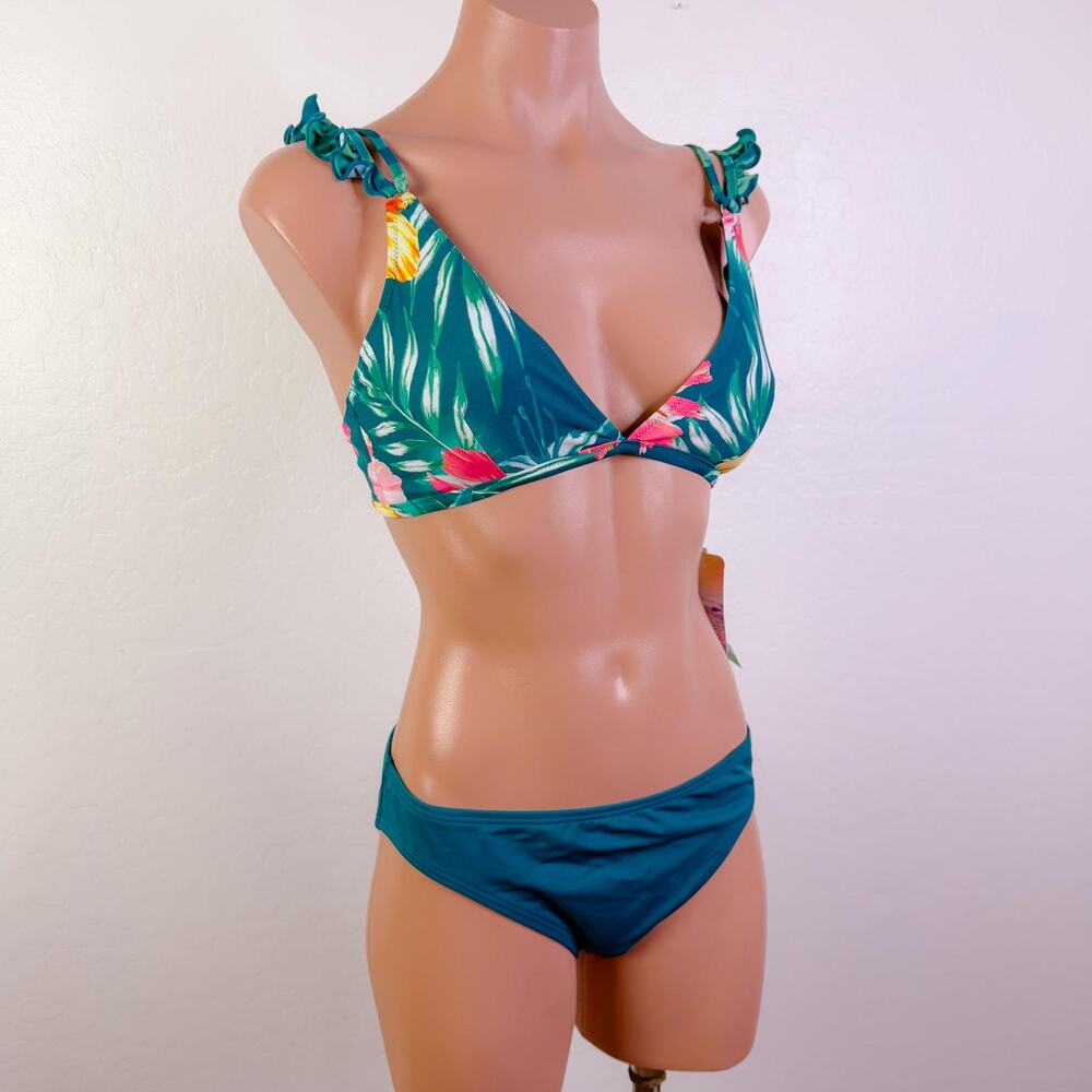 Coco Rave Coquette Girly Bikini Set Teal Tropical Floral Ruffle Triangle NWT L